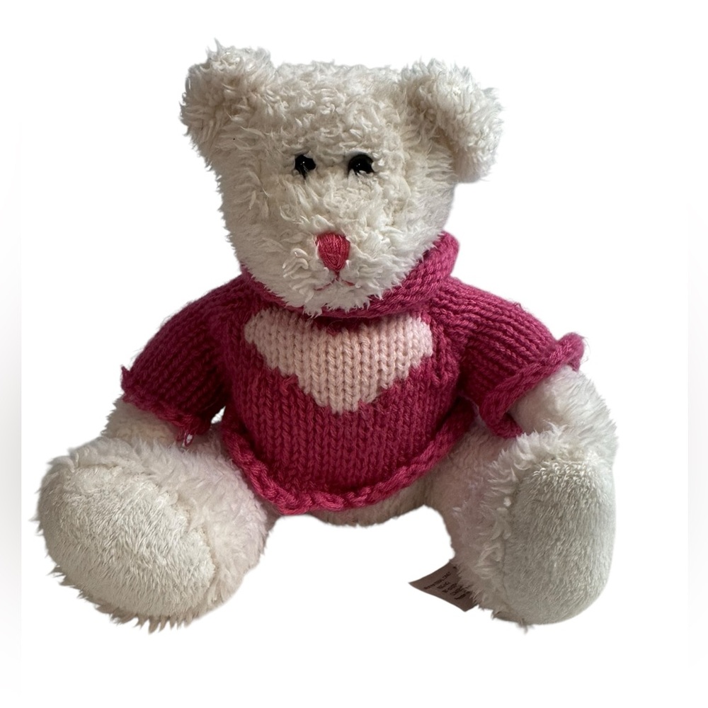 Super soft sweet white teddy bear wearing pink heart sweater 8”